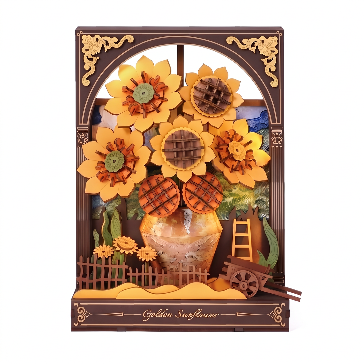Golden Sunflower 3D wooden puzzle inspired by Van Gogh's Sunflowers, layered wood art with LED light