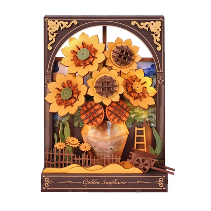 Golden Sunflower 3D wooden puzzle inspired by Van Gogh's Sunflowers, layered wood art with LED light