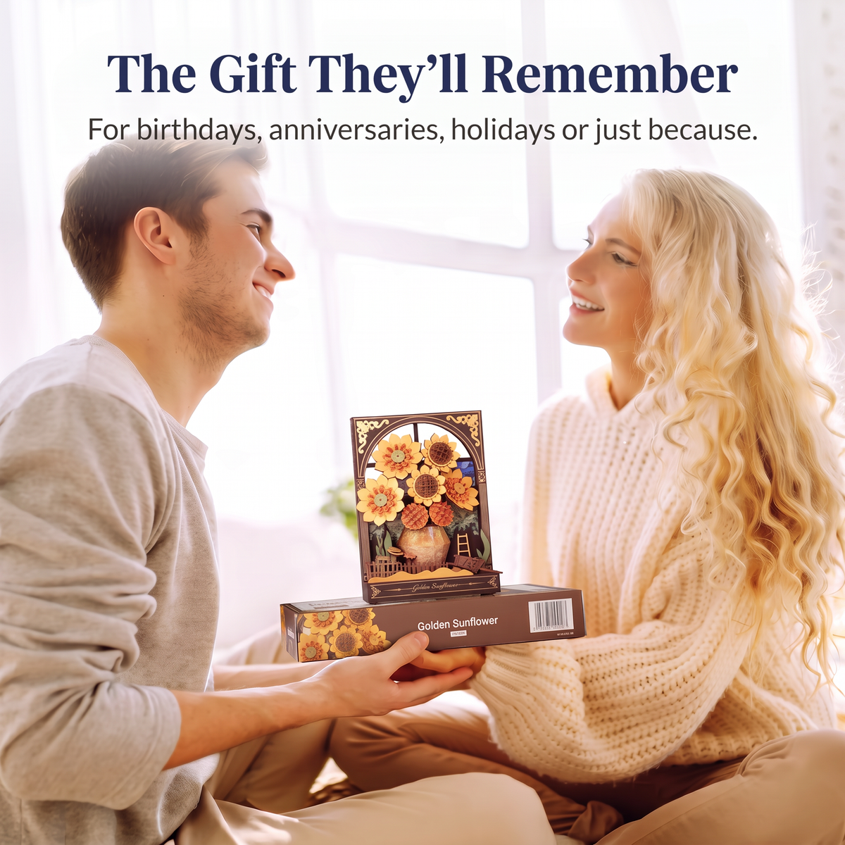 Couple exchanging a Golden Sunflower 3D wooden puzzle as a gift