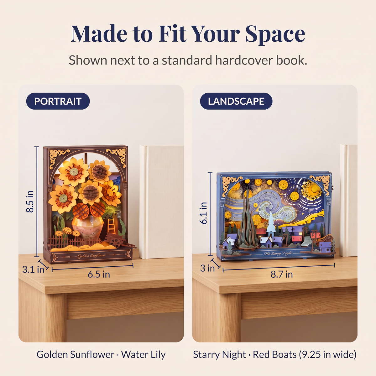 3D wooden puzzle sizes: Golden Sunflower 6.5 x 8.5 in portrait and Starry Night 8.7 x 6.1 in landscape next to a book