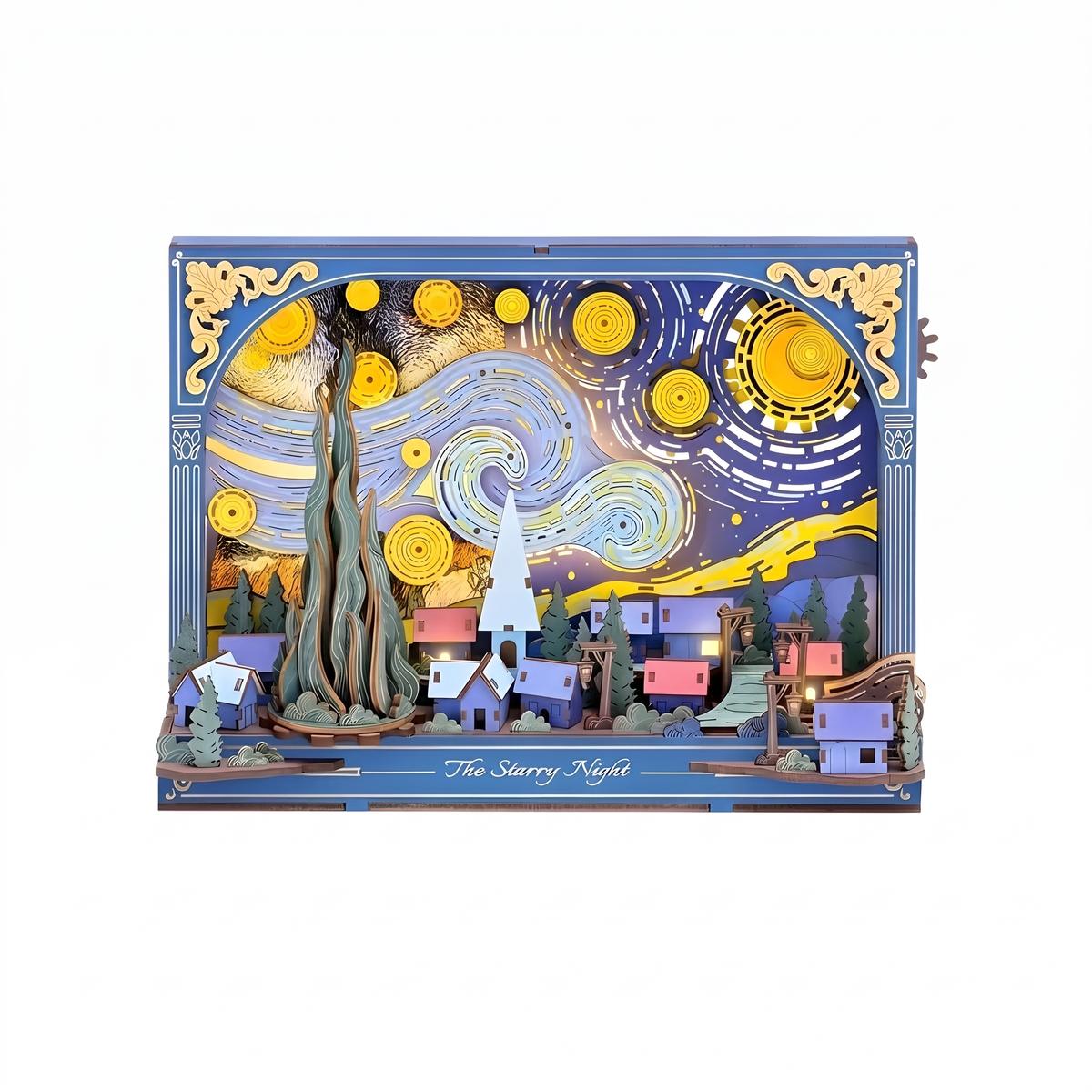 The Starry Night 3D wooden puzzle inspired by Van Gogh, layered wood art with warm LED light