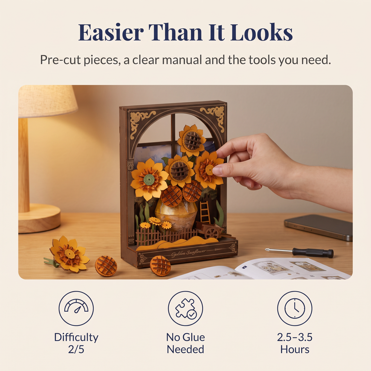 Hands building a Golden Sunflower 3D wooden puzzle: difficulty 2/5, no glue needed, 2.5 to 3.5 hours