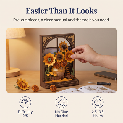 Hands building a Golden Sunflower 3D wooden puzzle: difficulty 2/5, no glue needed, 2.5 to 3.5 hours